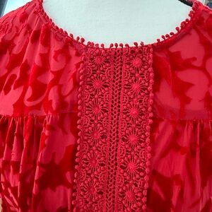 JohnPaulRichard Red Velvet Floral Blouse Bell Sleeve Valentine’s Day